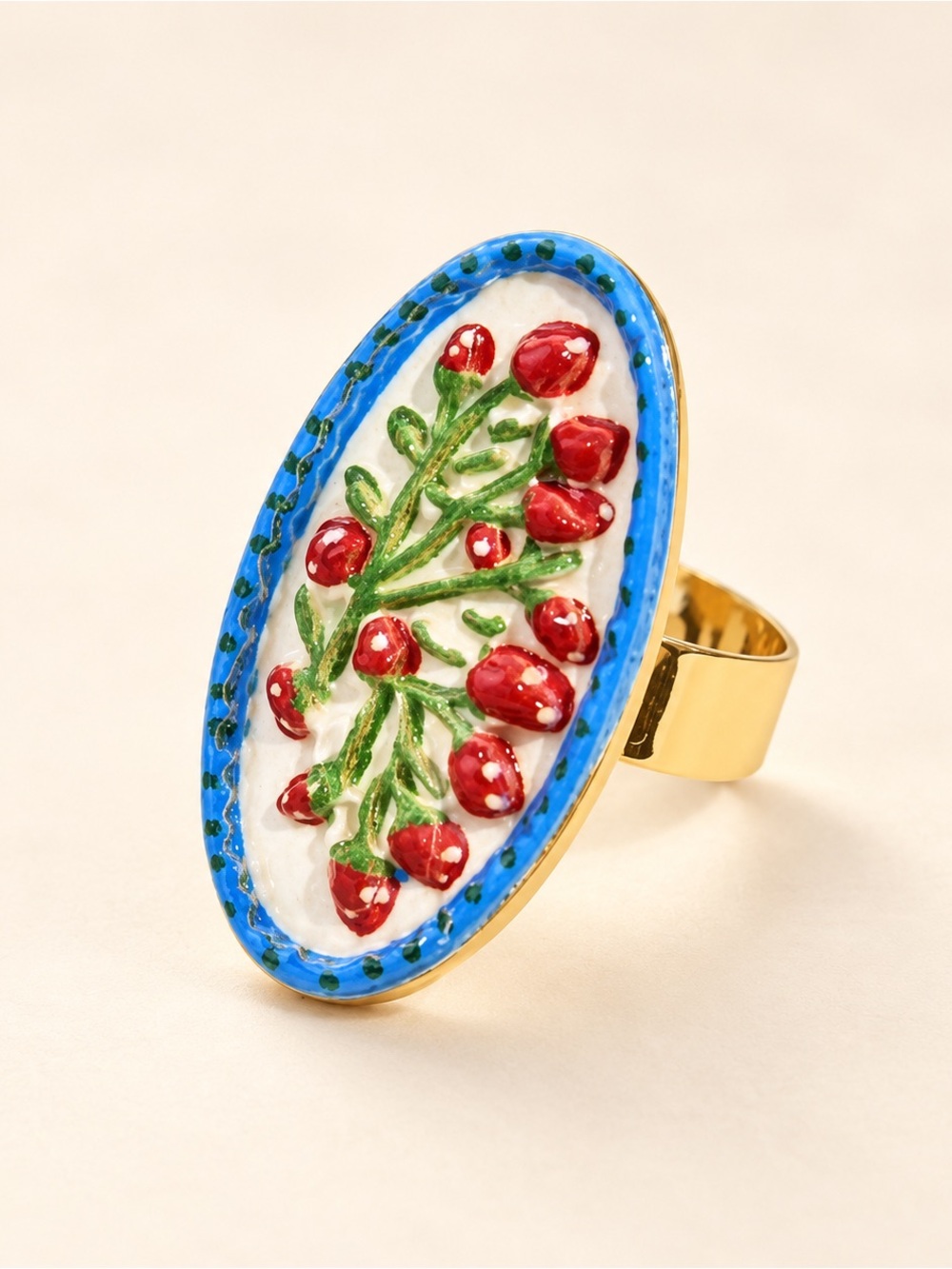 Blue Oval Floral Enamel Statement Ring